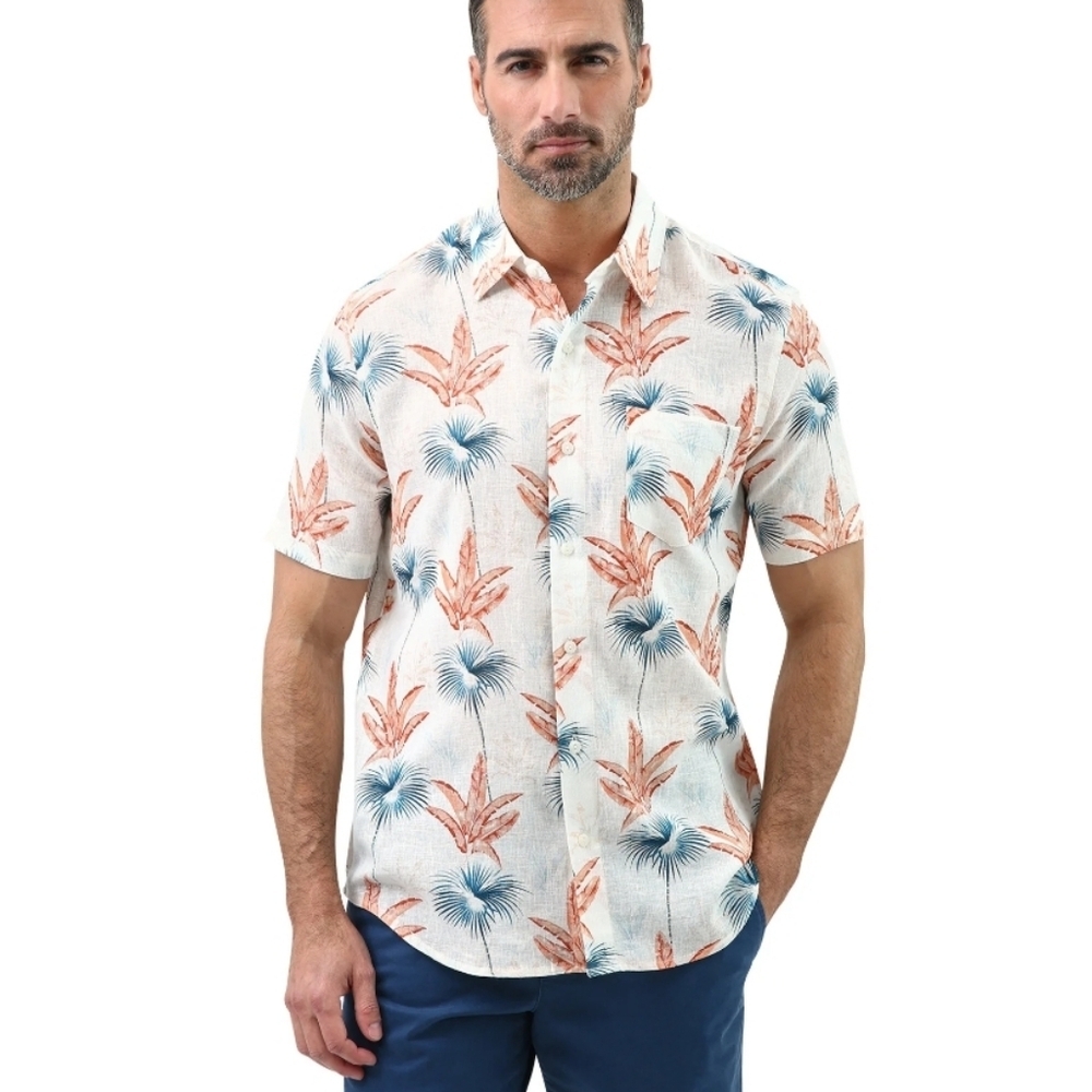 Chaps Linen Blend Coastland Wash Topical Casual Button Down Shirt M